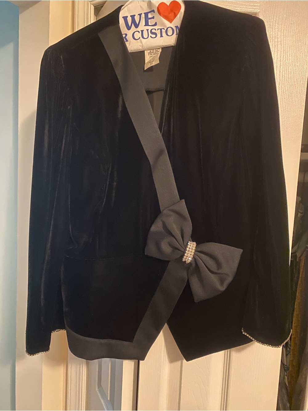 Donna Morgan Black Velvet suit with Satin Bow and Rhinestone Accent